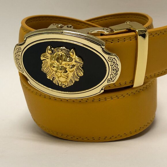 Mustard Yellow Belt Women Men Gold Automatic Buckle Slide Belt Leather Lion Head - Picture 2 of 3